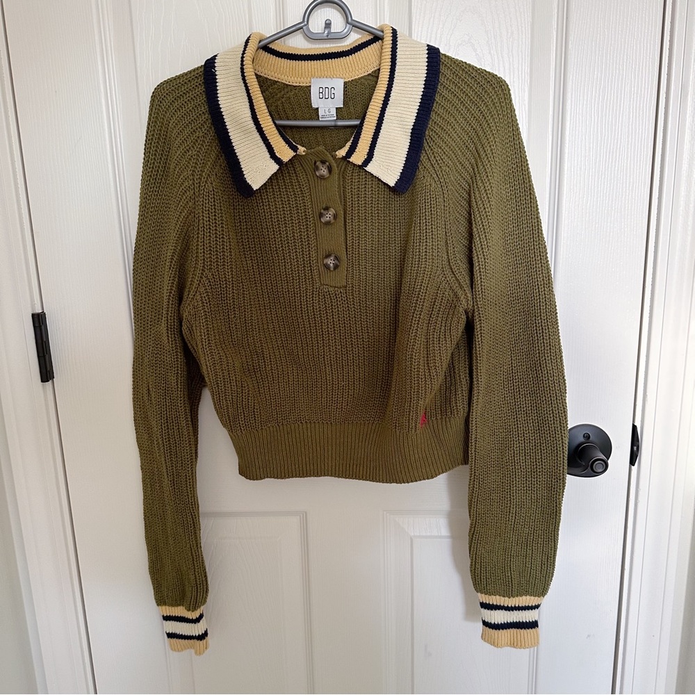 BDG Olive Green Knit Polo Sweater with Cream & Navy Collar